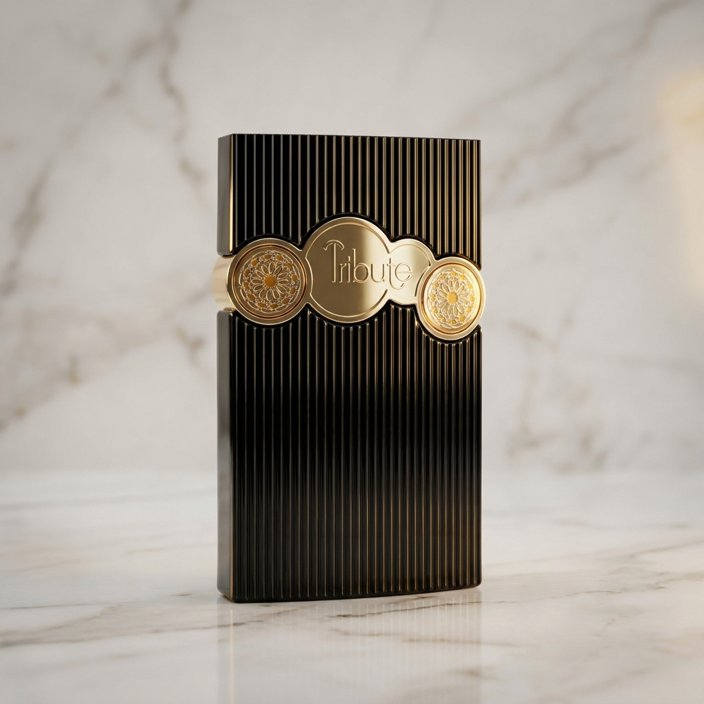 Frasco de perfume Tribute Black da Afnan, em vidro preto listrado com detalhes dourados, isolado sobre superfície de mármore claro.