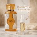 Decante de 5ml do perfume Avalon da Al Haramain ao lado do frasco original laranja e branco, com selo "Disponível em Decant 5ml".