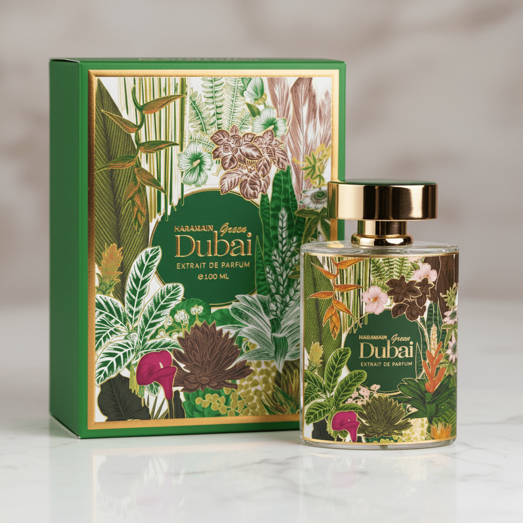 Perfume Green Dubai Extrait de Parfum da Al Haramain, 100ml, frasco com estampa tropical ao lado da caixa verde com o mesmo estampado.