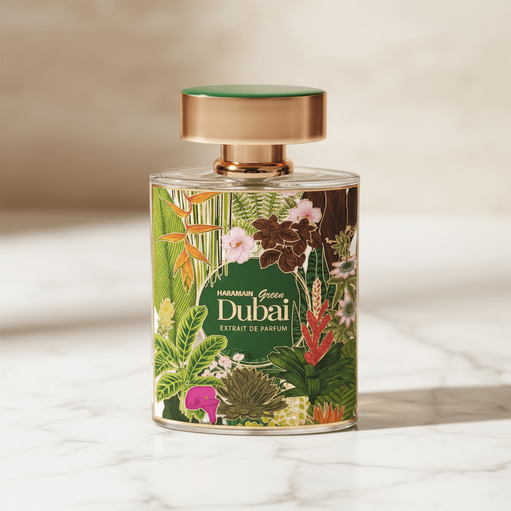 Perfume Green Dubai Extrait de Parfum da Al Haramain, frasco com estampa floral verde e dourada, sobre mármore claro.