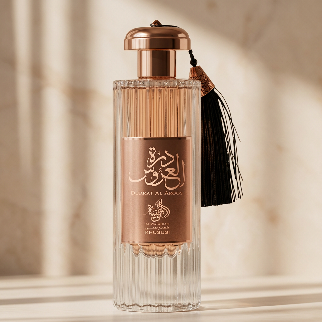 Perfume Durrat Al Aroos da Al Wataniah em frasco canelado rose gold com pingente de borla preta.