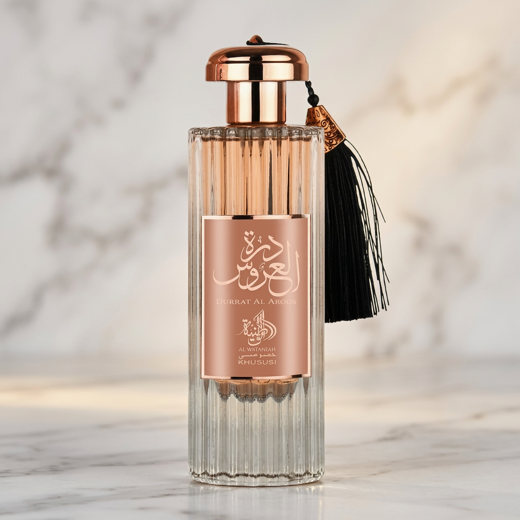 Perfume Durrat Al Aroos da Al Wataniah em vista completa, frasco canelado rose gold com borla preta, sobre mármore.