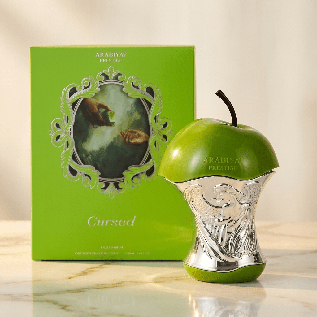 Frasco em formato de maçã do perfume Cursed da Arabiyat Prestige ao lado da caixa verde, sobre superfície de mármore.