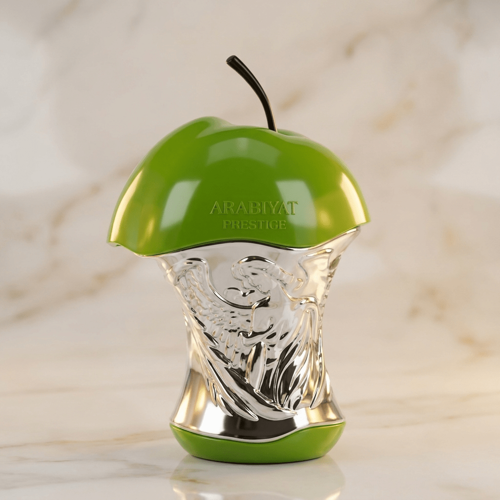 Frasco em formato de maçã do perfume Cursed da Arabiyat Prestige, com tampa verde e corpo prateado esculpido, sobre superfície de mármore.