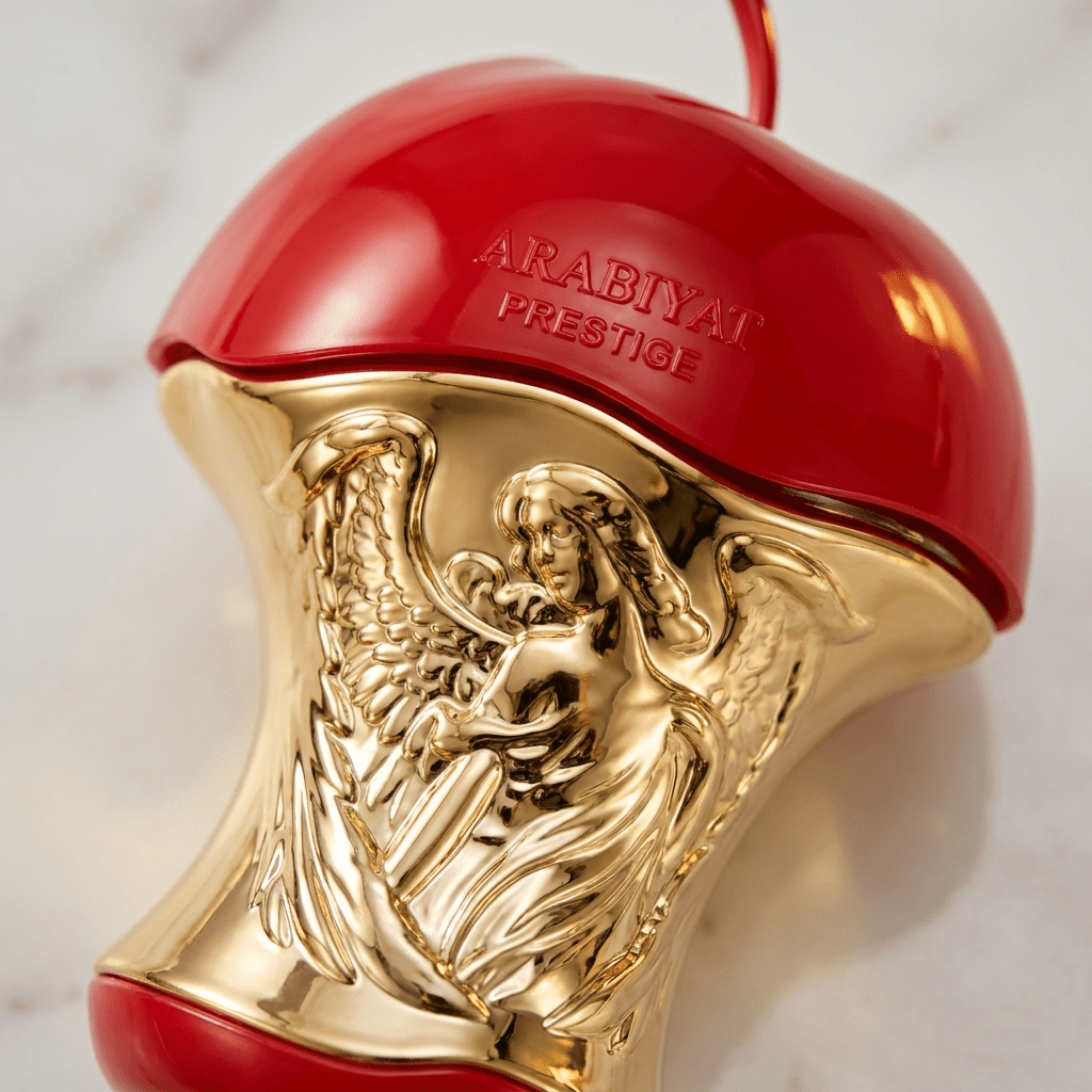 Detalhe em close-up do corpo dourado esculpido com anjo do frasco Forbidden da Arabiyat Prestige, em formato de maçã vermelha.