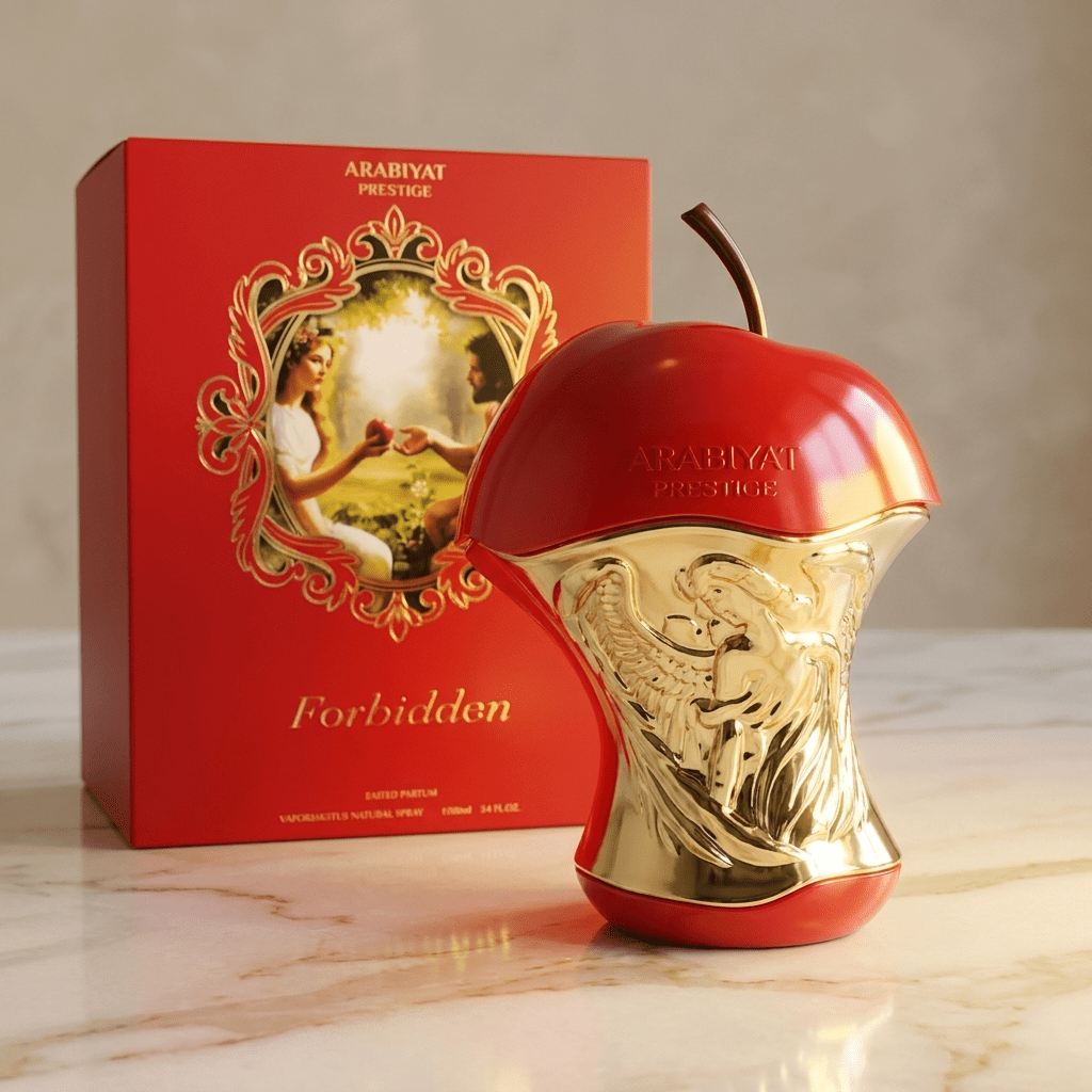 Frasco em formato de maçã vermelha e dourada do perfume Forbidden da Arabiyat Prestige ao lado da caixa vermelha, sobre superfície de mármore.