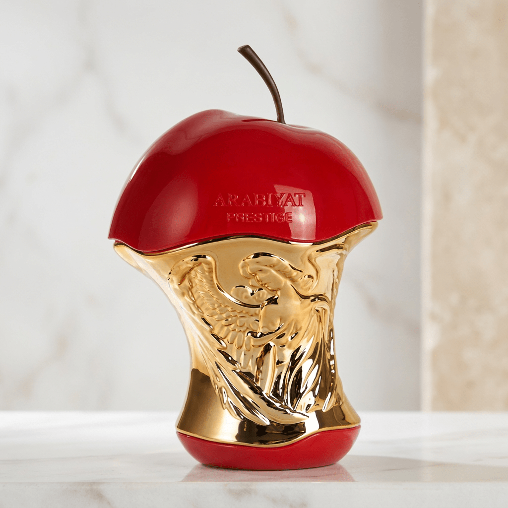 Frasco em formato de maçã vermelha e dourada do perfume Forbidden da Arabiyat Prestige, vista frontal sobre fundo de mármore claro.