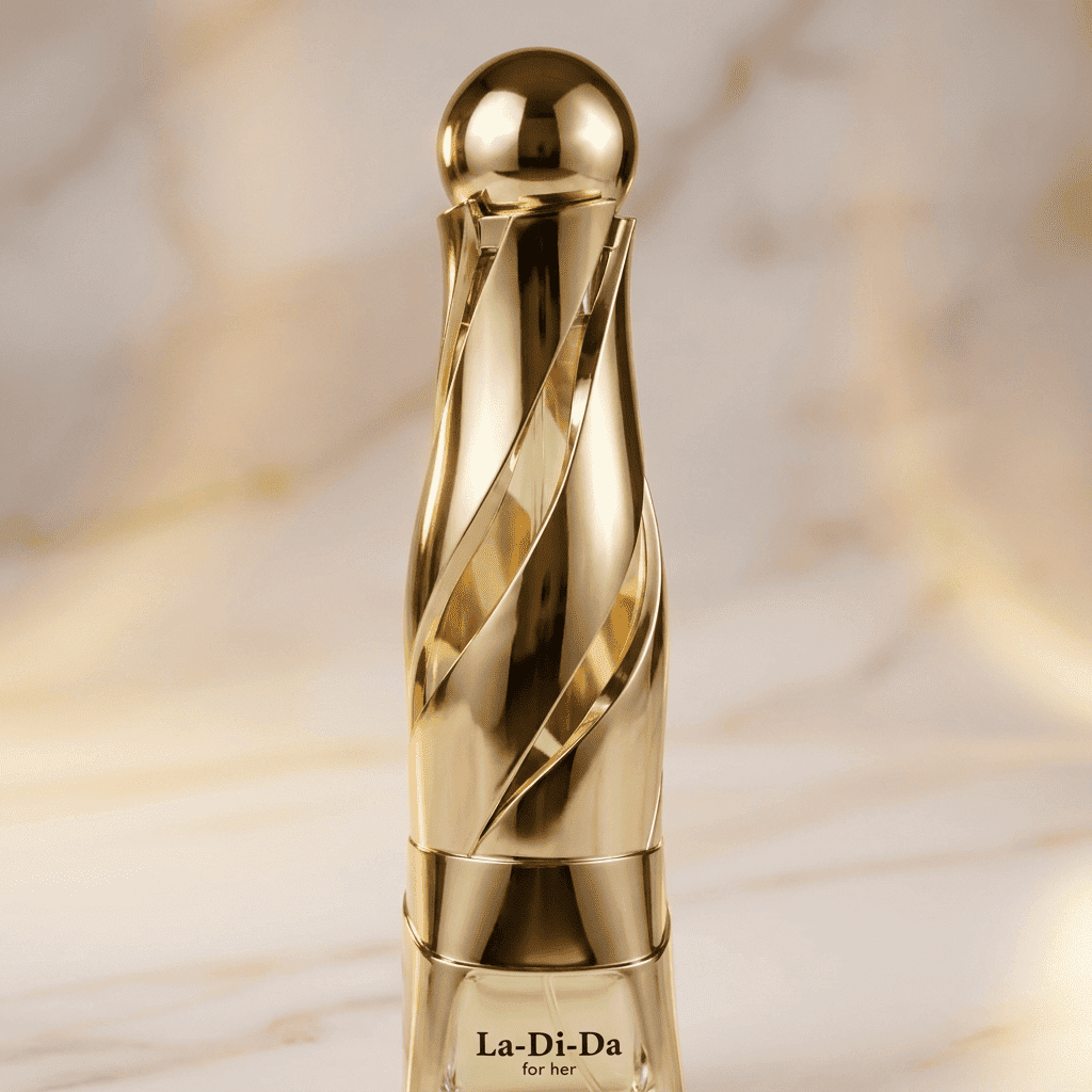 Detalhe do frasco dourado torcido do perfume La-Di-Da For Her da Arabiyat Prestige, sobre fundo de mármore dourado.