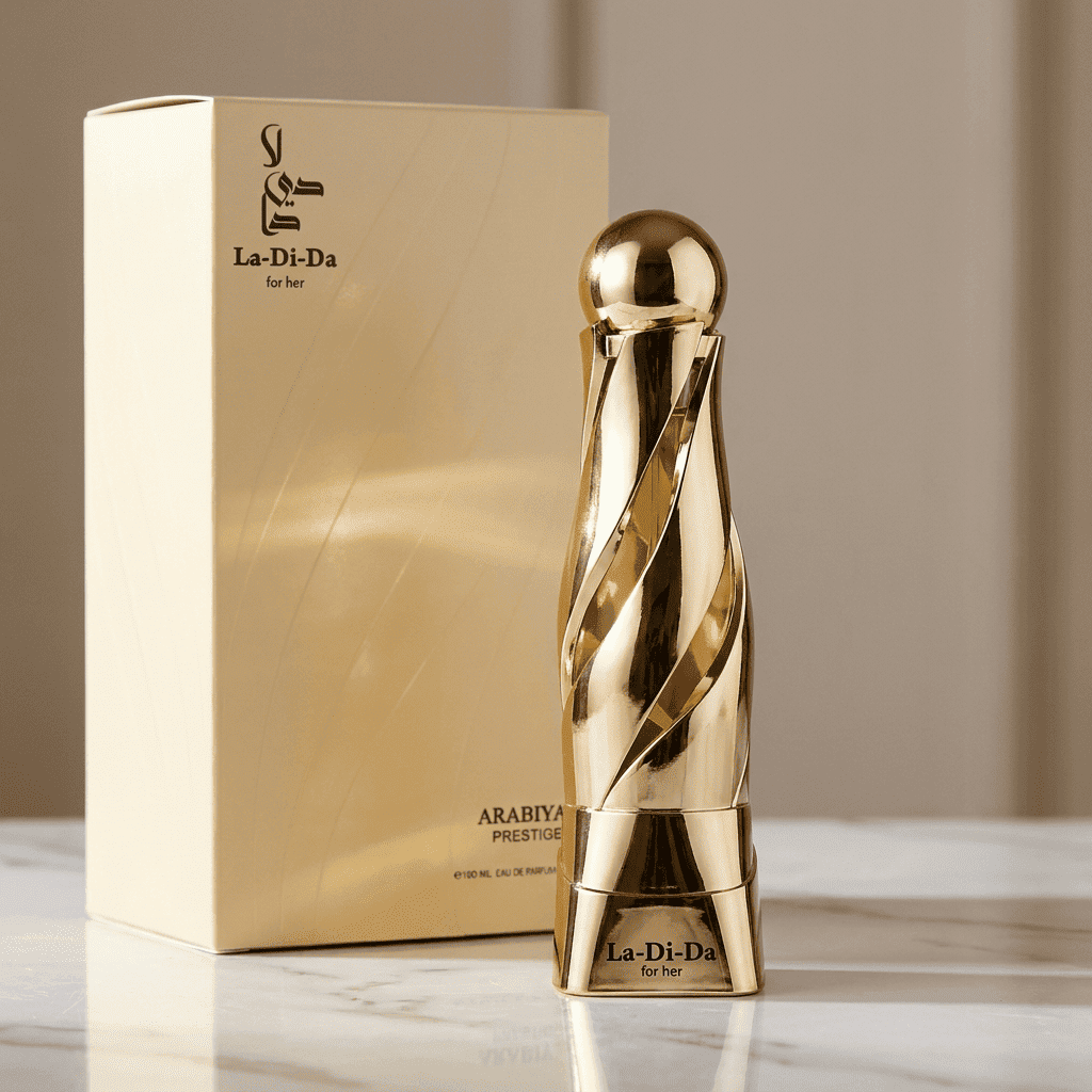 Perfume La-Di-Da For Her da Arabiyat Prestige em frasco dourado torcido ao lado da caixa, sobre superfície de mármore.