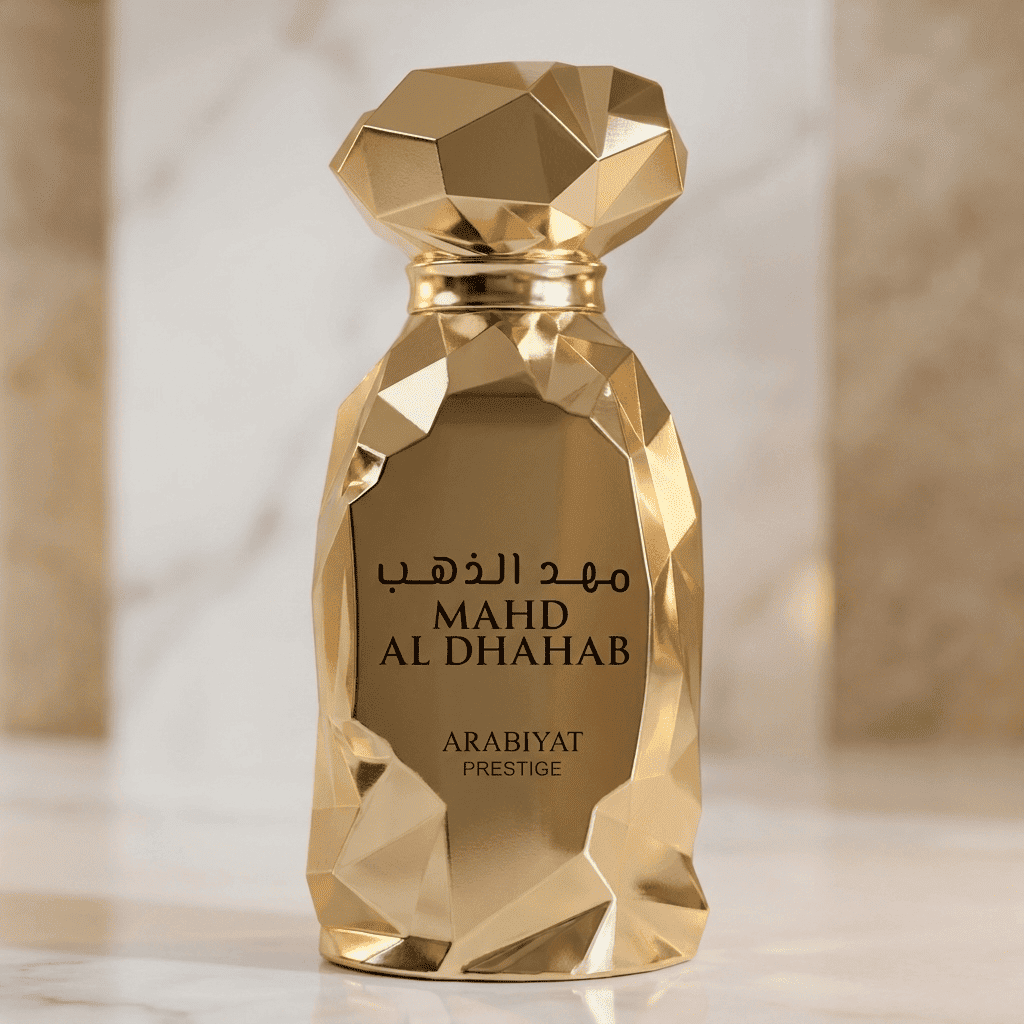 Perfume Mahd Al Dhahab da Arabiyat Prestige em close do frasco dourado facetado, com colunas de mármore ao fundo.