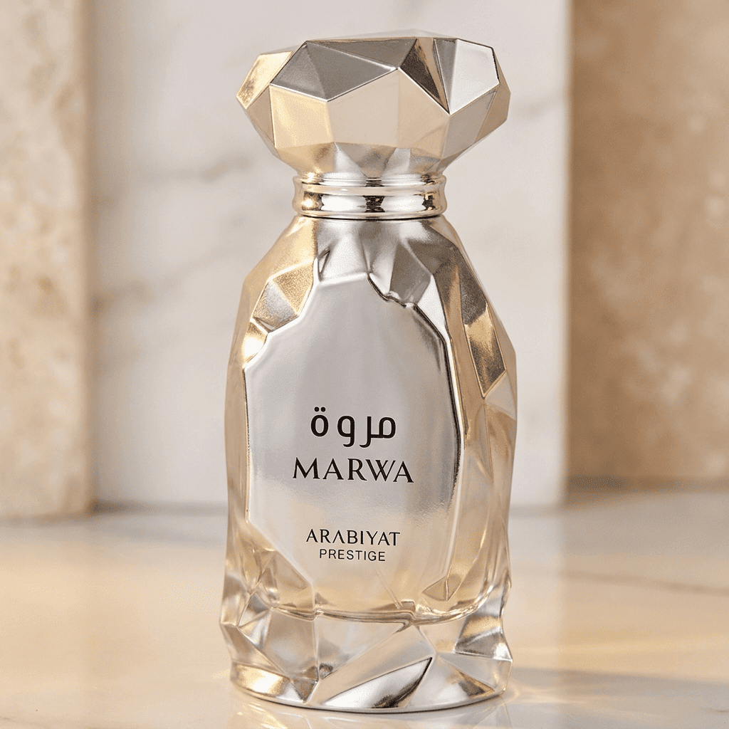 Perfume Marwa da Arabiyat Prestige em frasco facetado dourado e prateado, com colunas de mármore ao fundo.