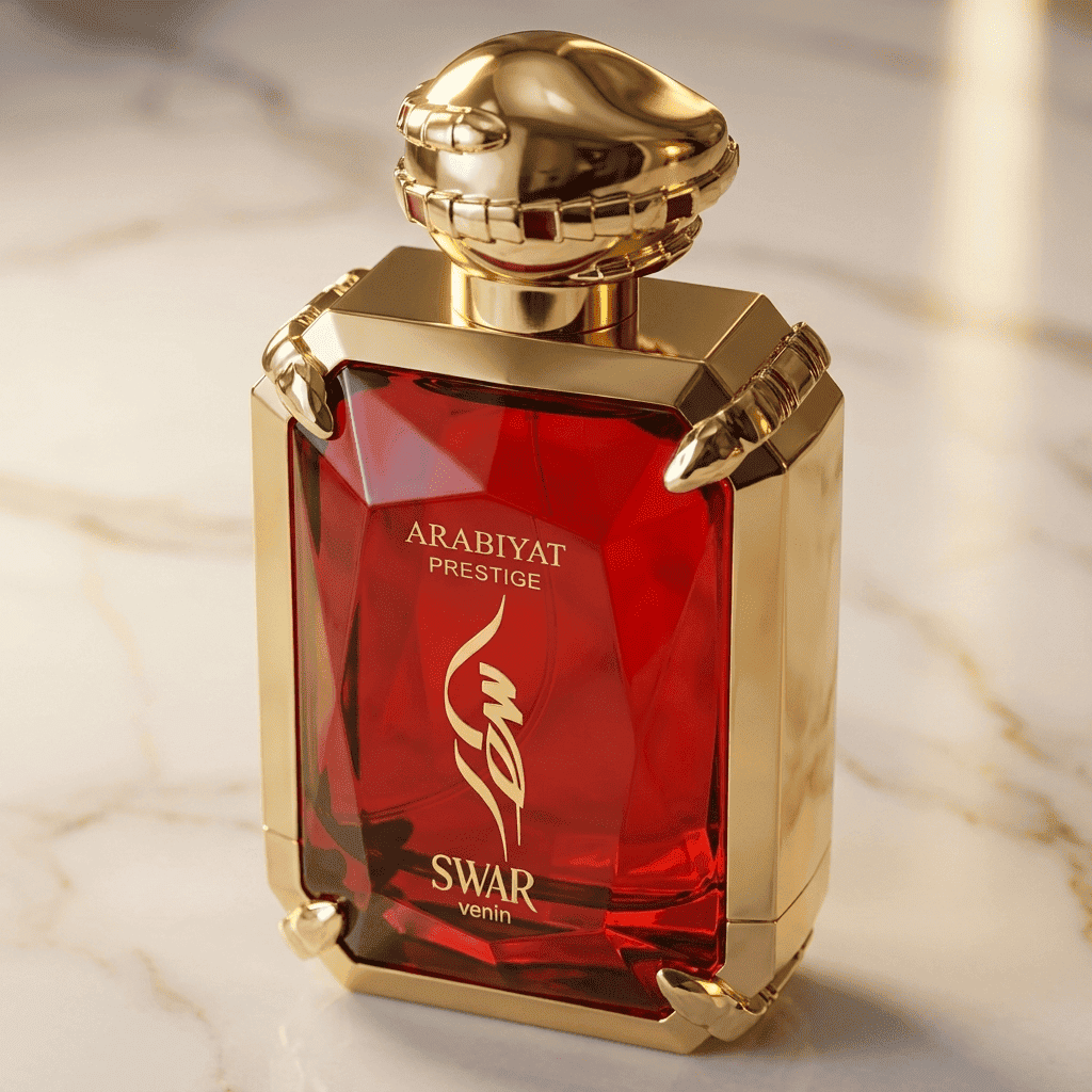 Perfume Swar Venin da Arabiyat Prestige em frasco vermelho facetado, sobre superfície de mármore claro.