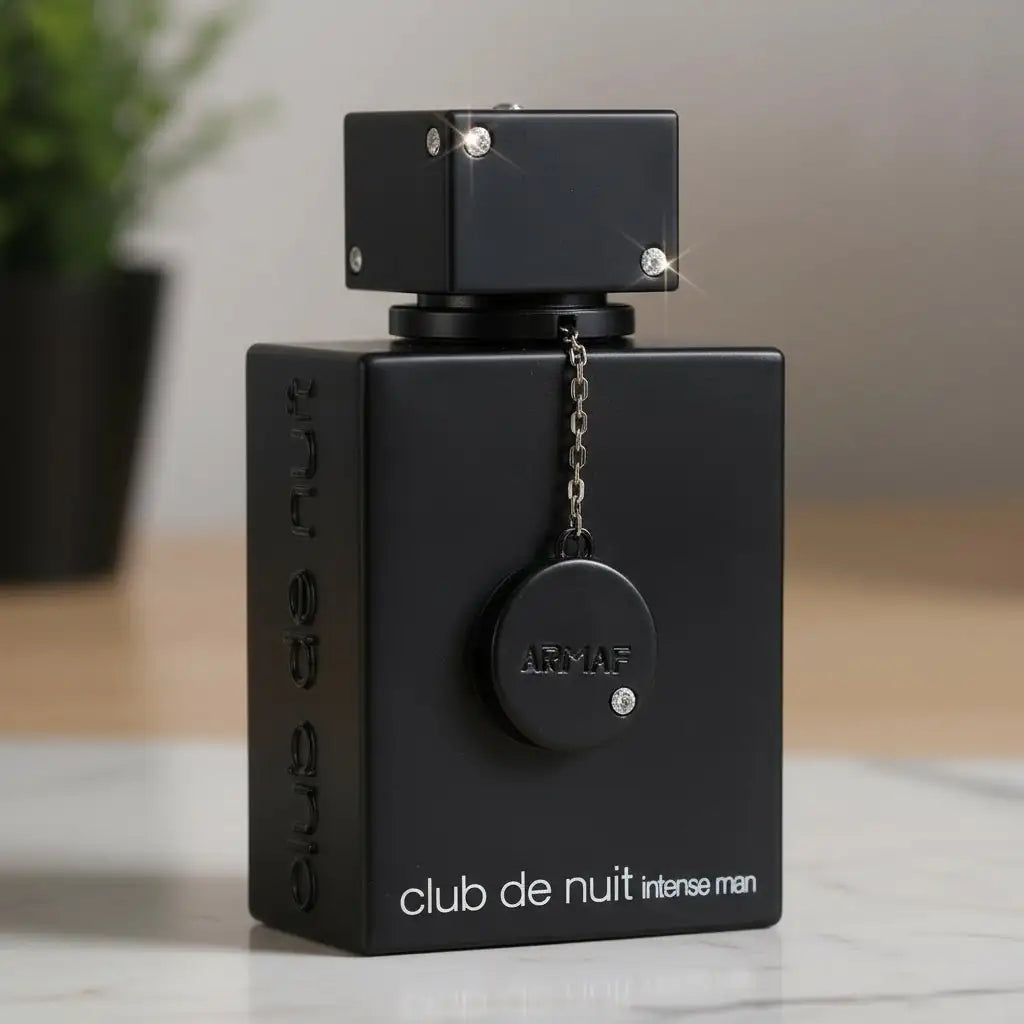 Perfume Club de Nuit Intense Man da Armaf em frasco preto fosco com pingente da marca.