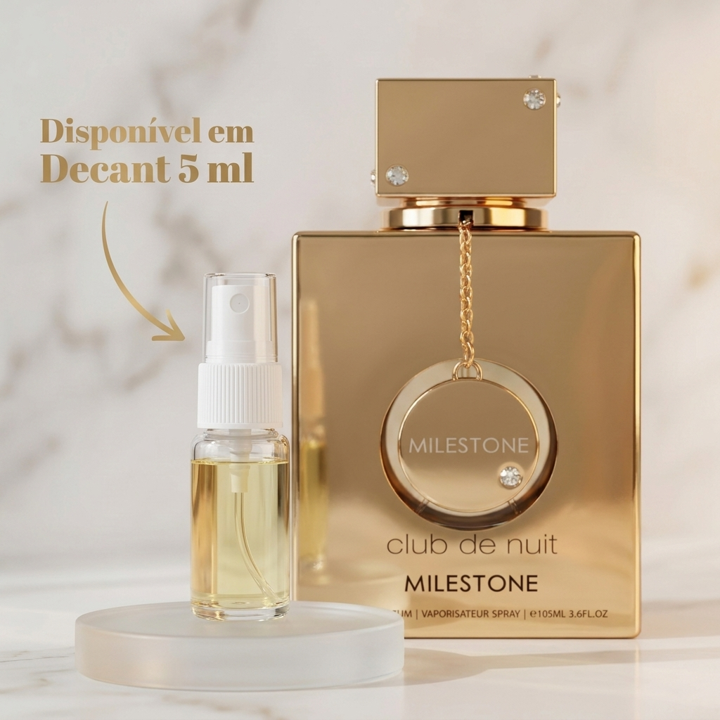 Decante de 5ml do perfume Armaf Club de Nuit Milestone ao lado do frasco original dourado com pingente.