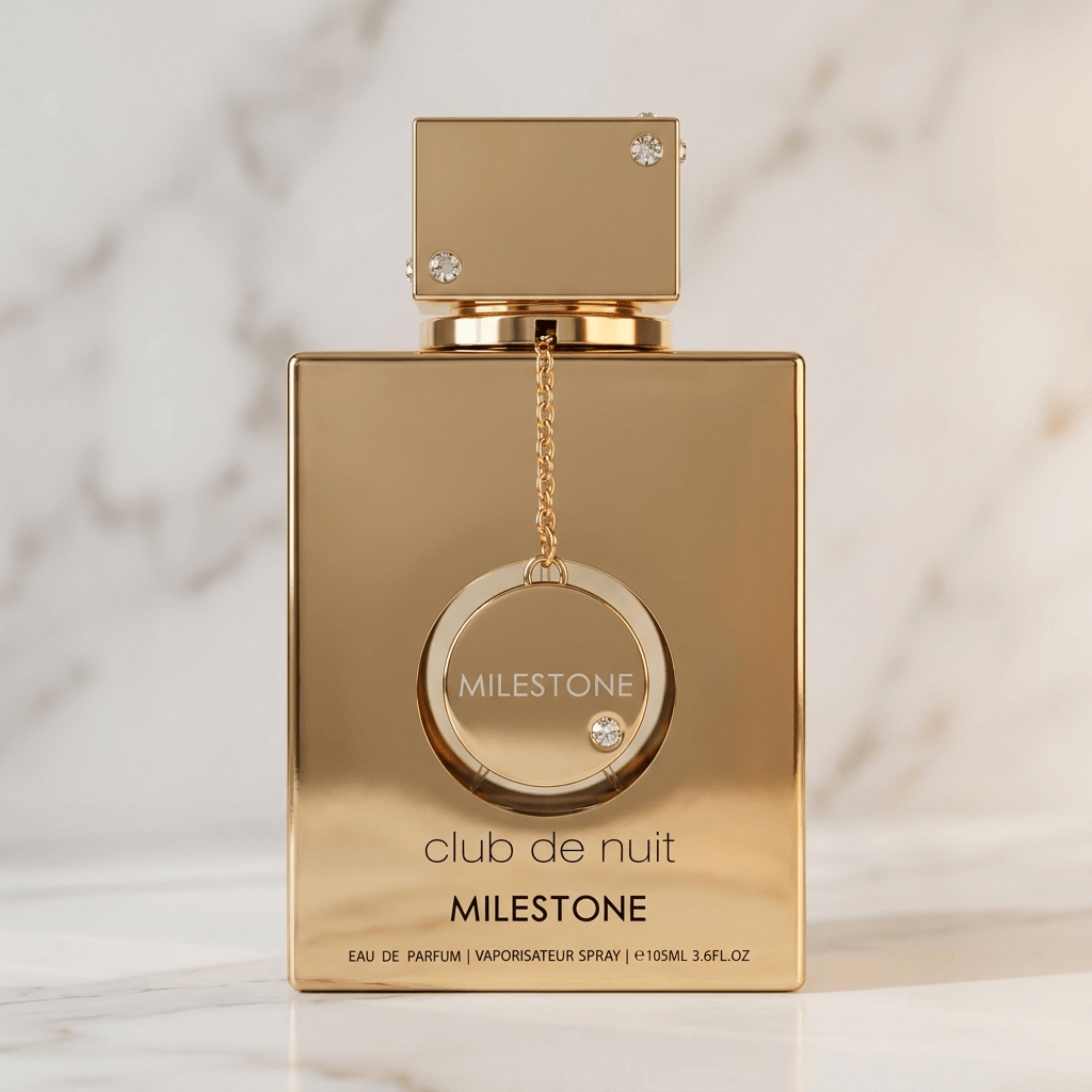 Perfume Club de Nuit Milestone da Armaf em frasco dourado com pingente, sobre fundo de mármore claro.