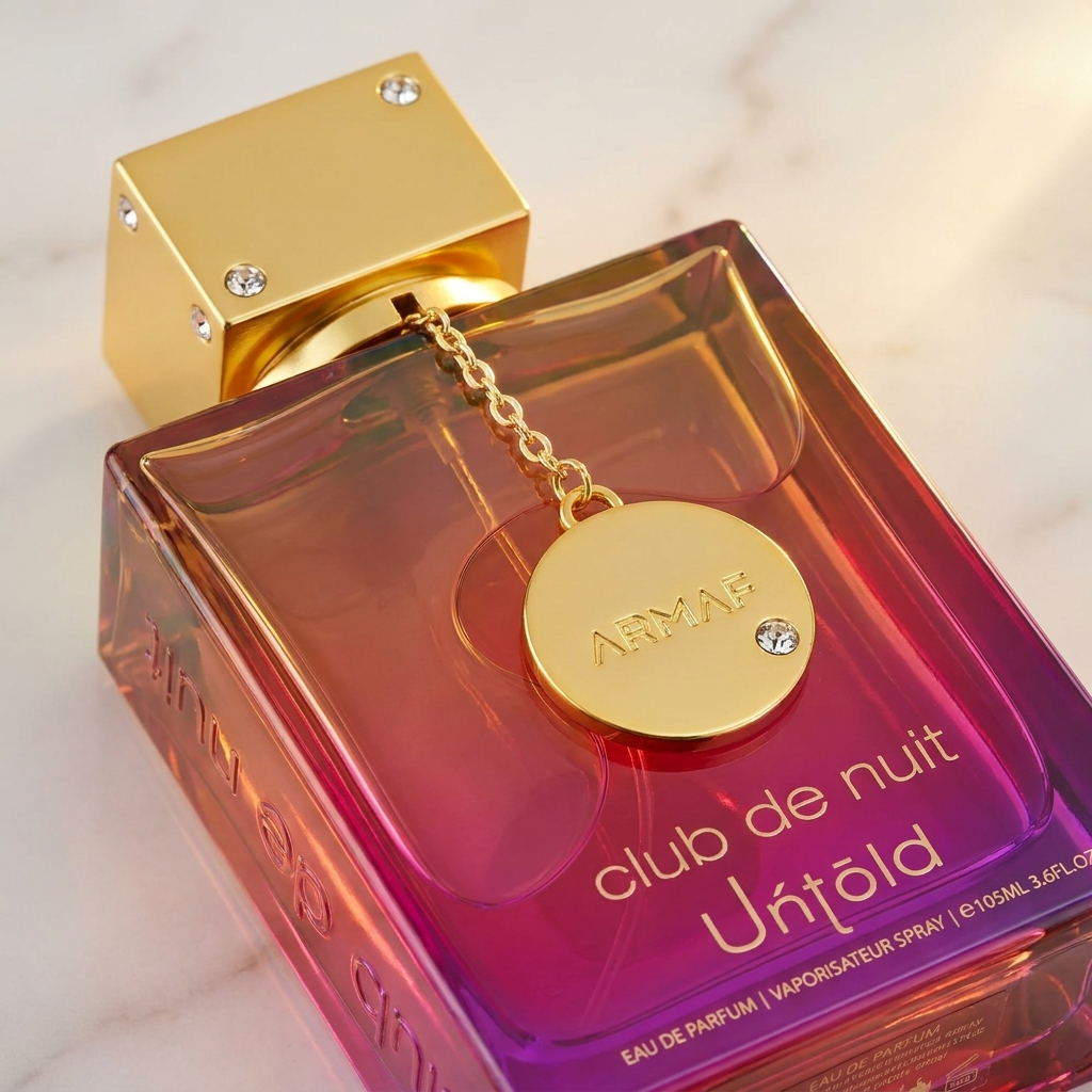 Perfume Club de Nuit Untold da Armaf em frasco degradê rosa e vermelho, com pingente dourado preso à tampa.