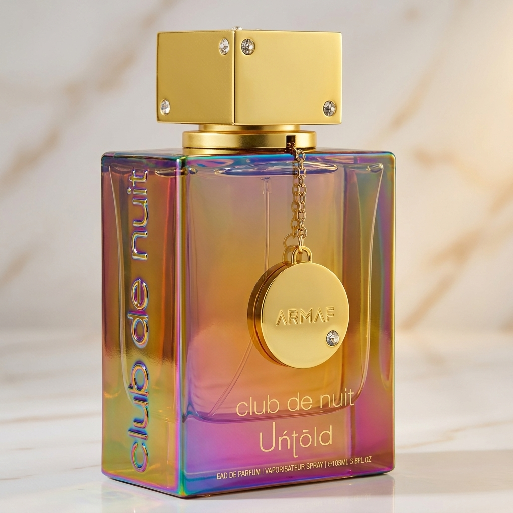 Perfume Club de Nuit Untold da Armaf em frasco holográfico iridescente, com pingente dourado preso à tampa.