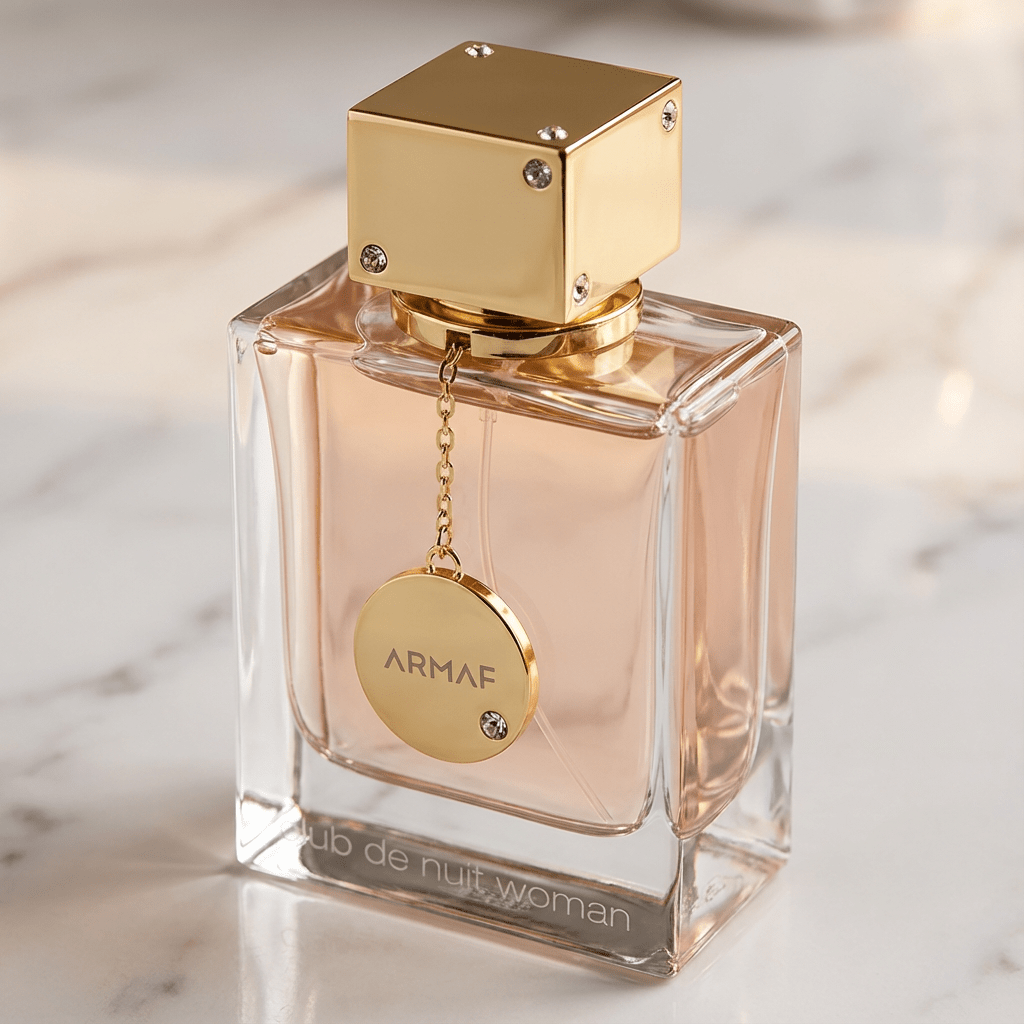 Perfume Club de Nuit Woman da Armaf em frasco rosado, isolado sobre mármore claro.