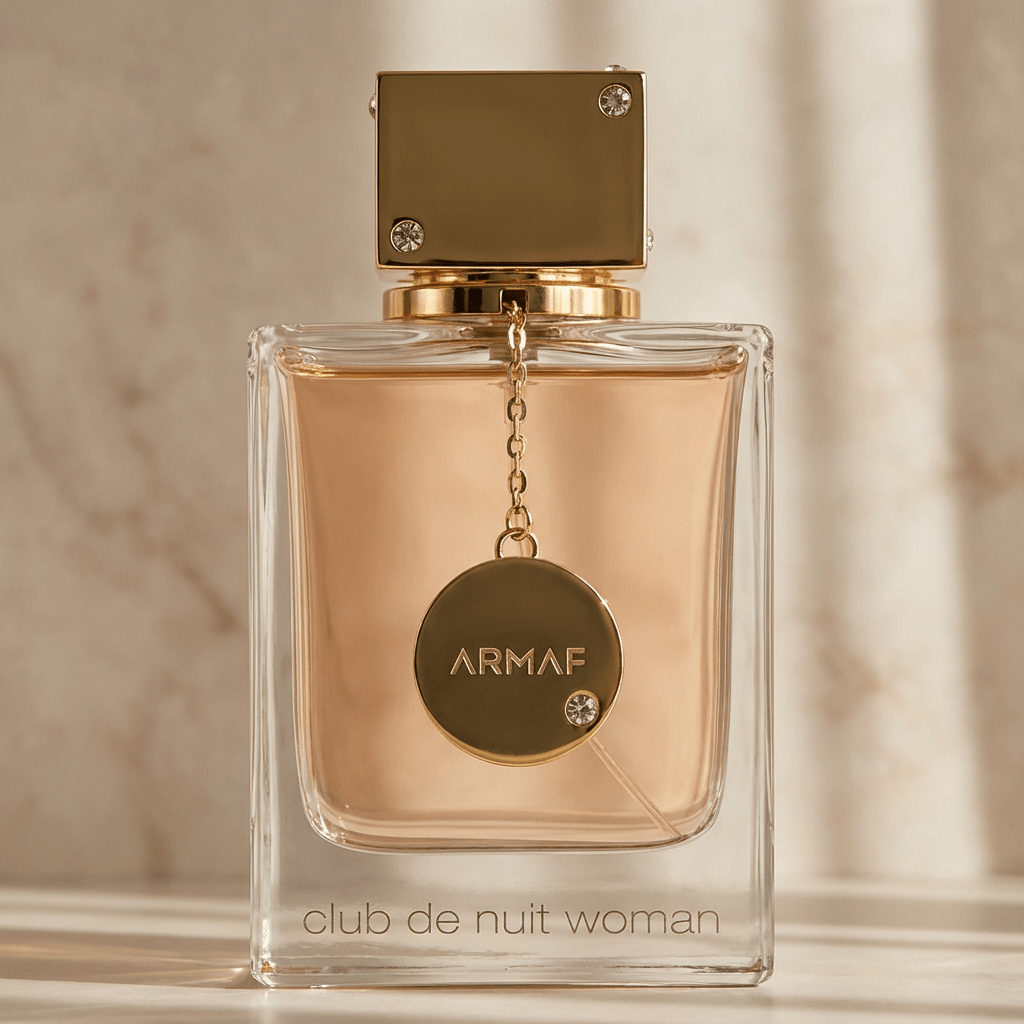 Perfume Club de Nuit Woman da Armaf em frasco transparente com tampa dourada e pingente pendurado.
