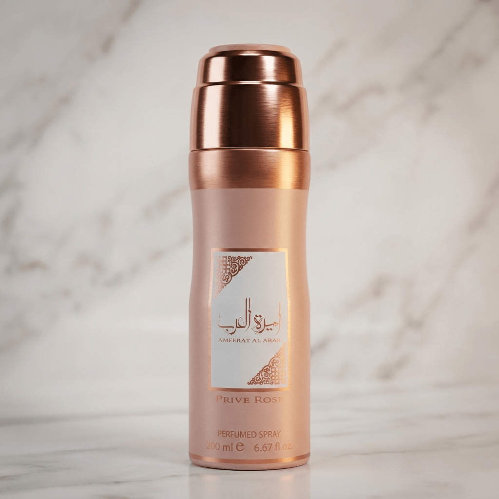 Body Spray Ameerat Al Arab Prive Rose da Asdaf 200ml, frasco metálico rose gold sobre mármore.