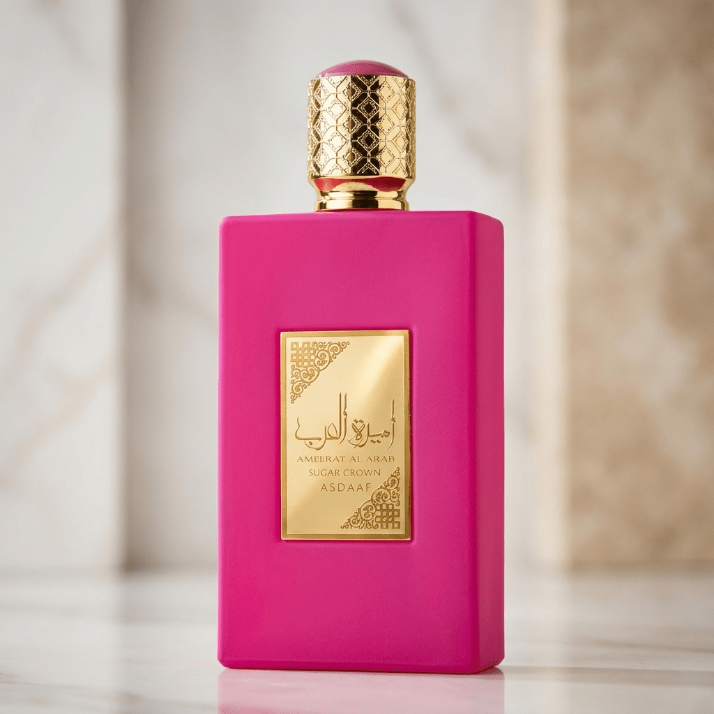 Perfume Ameerat Al Arab Sugar Crown da Asdaf, frasco rosa pink com tampa dourada ornamentada.