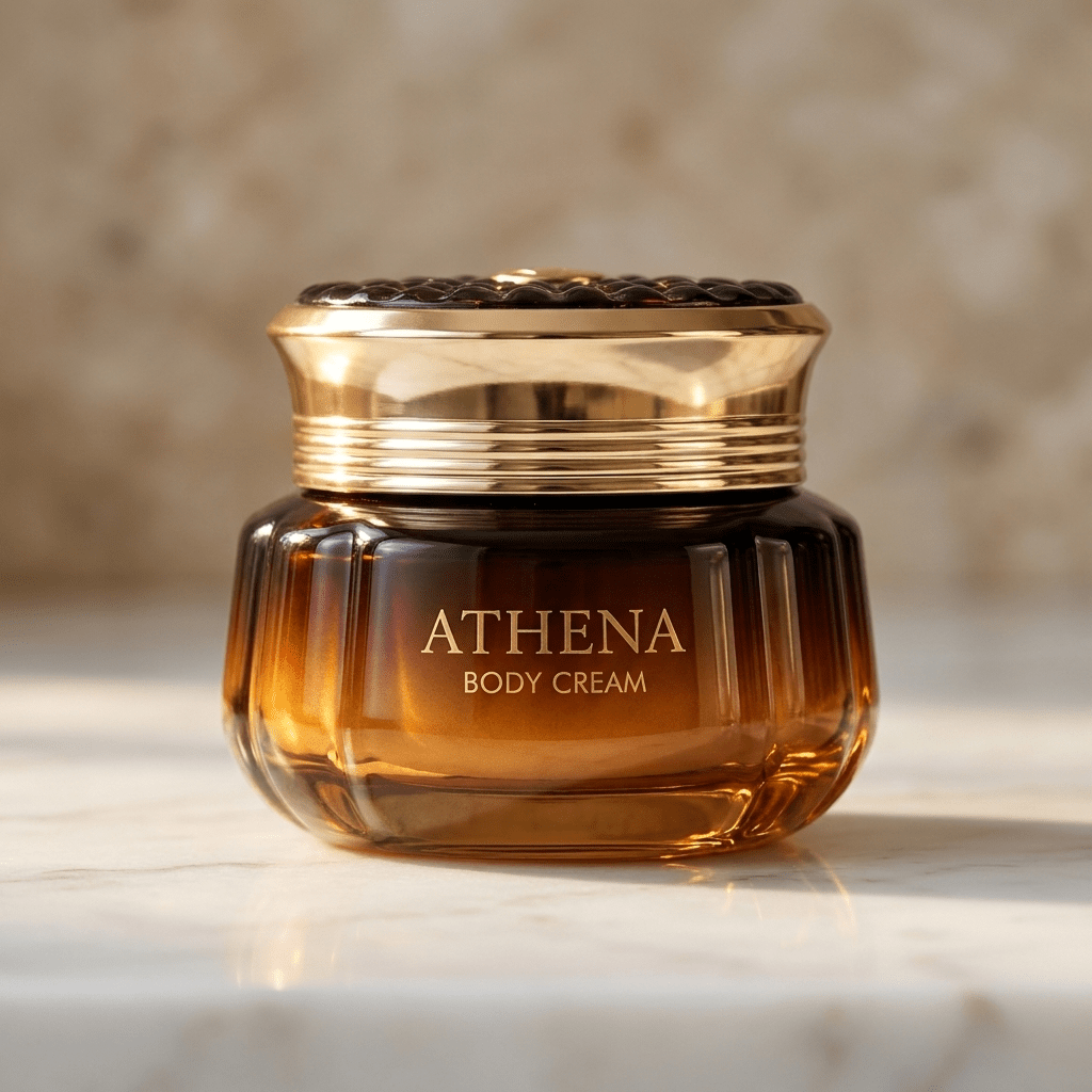 Creme corporal Athena em pote de vidro âmbar facetado com tampa dourada, isolado sobre mármore.