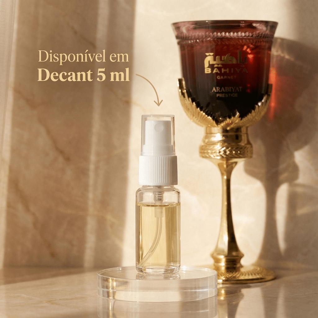 Decante de 5ml do perfume Bahiya Garnet ao lado do frasco original em formato de cálice vermelho e dourado.