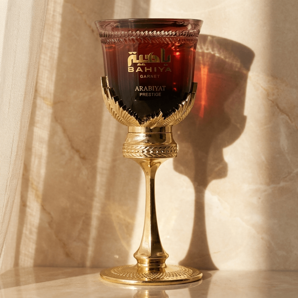 Perfume Bahiya Garnet em frasco dourado no formato de cálice, com fundo de cortina e mármore claro.