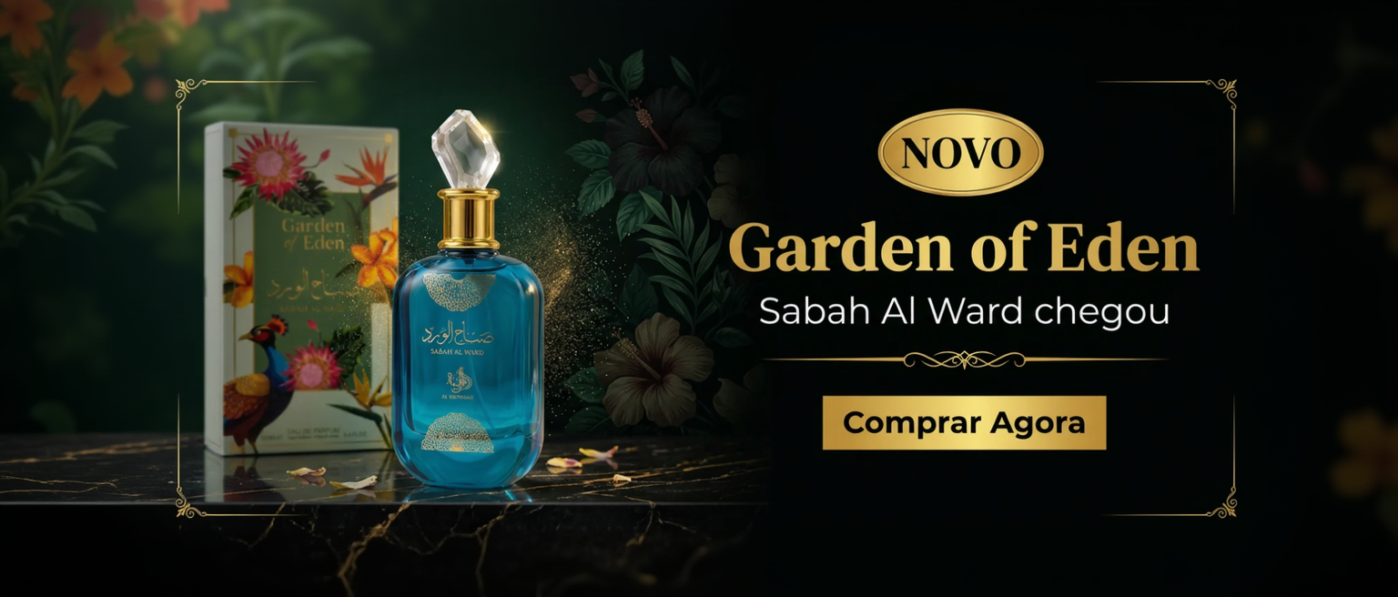 Banner promocional "Garden of Eden - Sabah Al Ward chegou", formato largo com frasco turquesa e botão Comprar Agora.