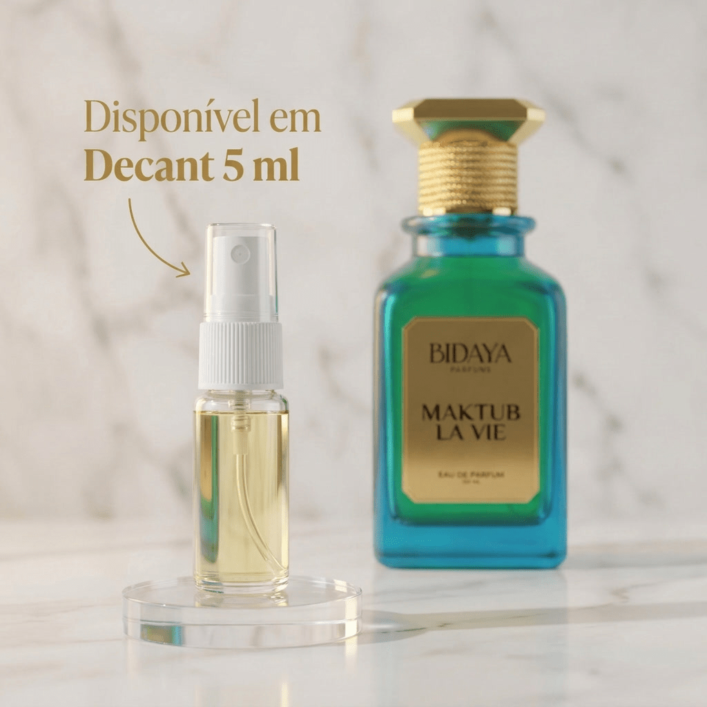 Decante de 5ml do perfume Bidaya Maktub La Vie ao lado do frasco original verde com tampa dourada.