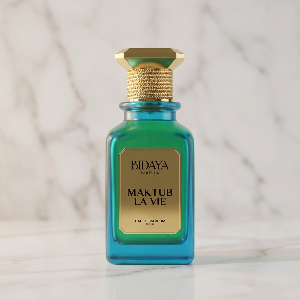Perfume Maktub La Vie da Bidaya em frasco verde com tampa dourada, sobre superfície de mármore claro.