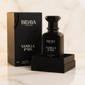 Perfume Vanilla P*rn da Bidaya Parfums em frasco preto fosco, ao lado da caixa preta original aberta, sobre mármore