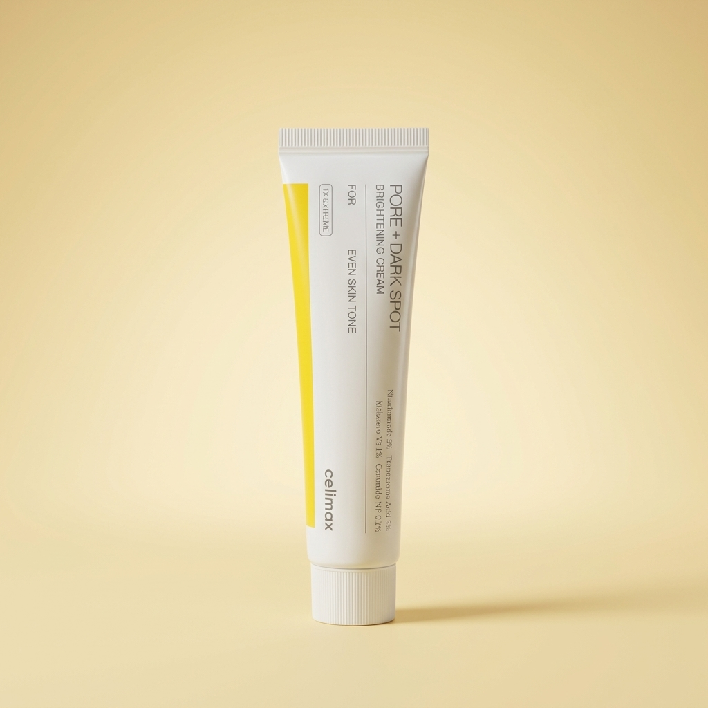 Creme Pore + Dark Spot Brightening Cream da Celimax, bisnaga branca com listra amarela, sobre fundo bege.