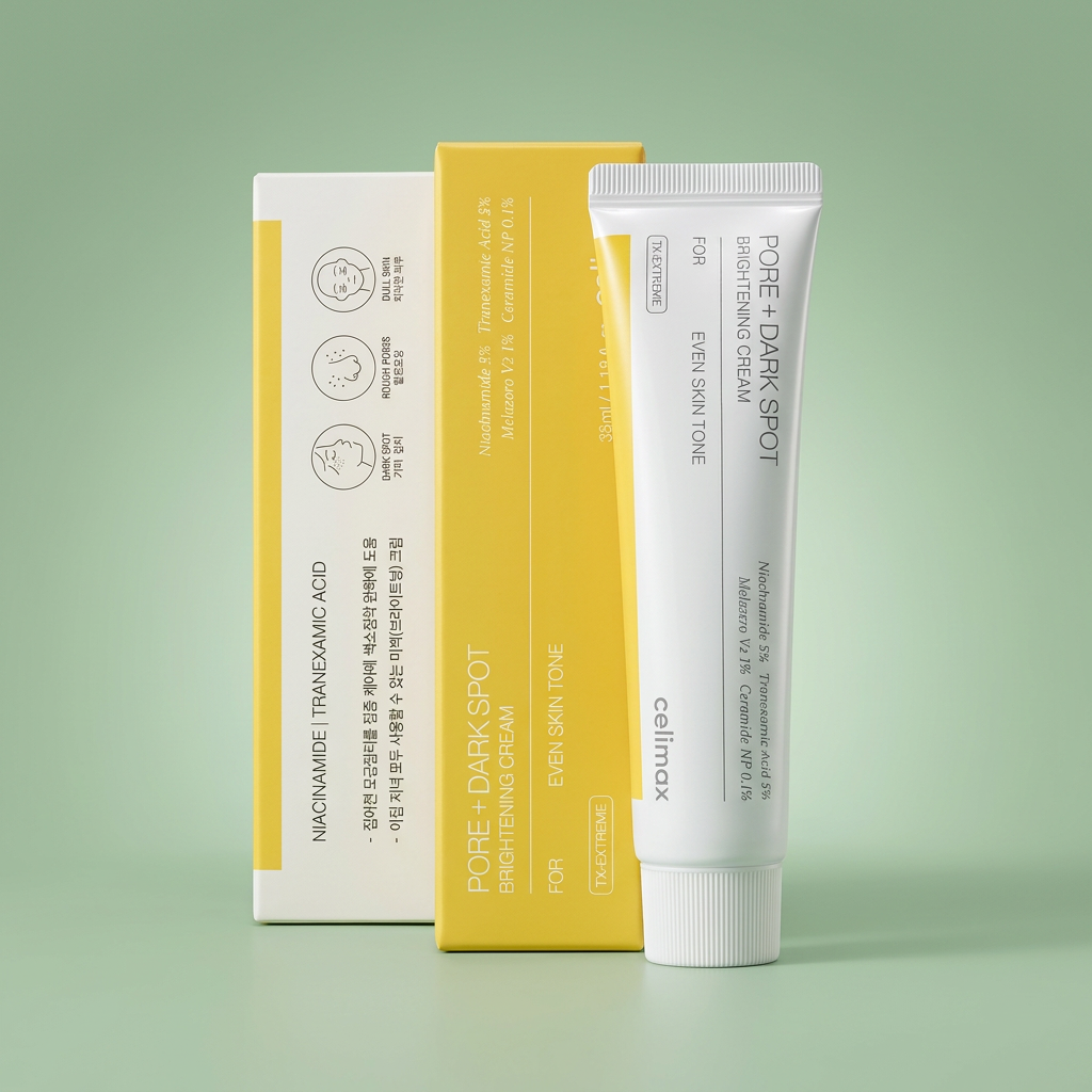 Creme Pore + Dark Spot Brightening Cream da Celimax, bisnaga branca ao lado da caixa amarela do produto, sobre fundo verde.