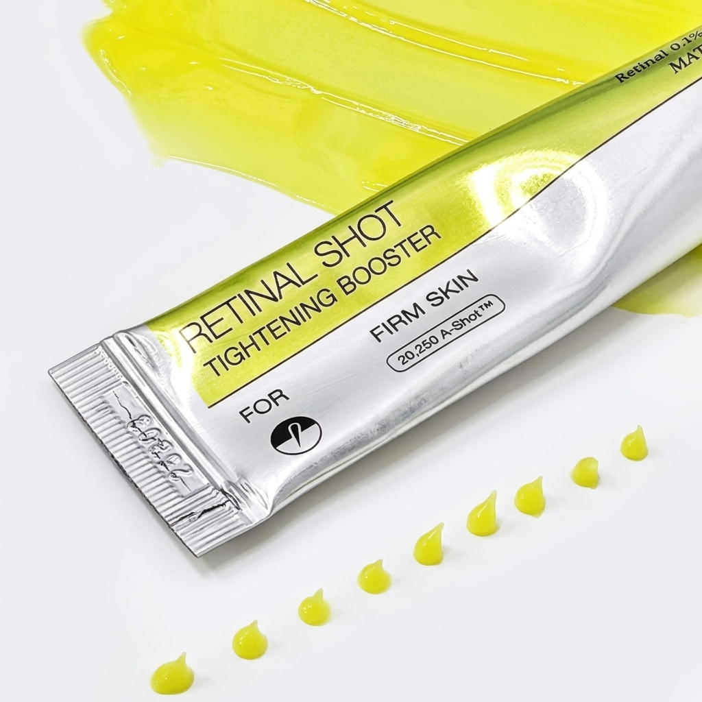 Detalhe da bisnaga do Retinal Shot Tightening Booster da Celimax, com gotas da textura amarela do produto dispostas ao lado.