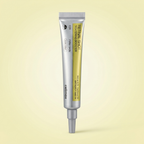 Booster facial Retinal Shot Tightening Booster da Celimax, bisnaga prateada e dourada, sobre fundo amarelo claro.
