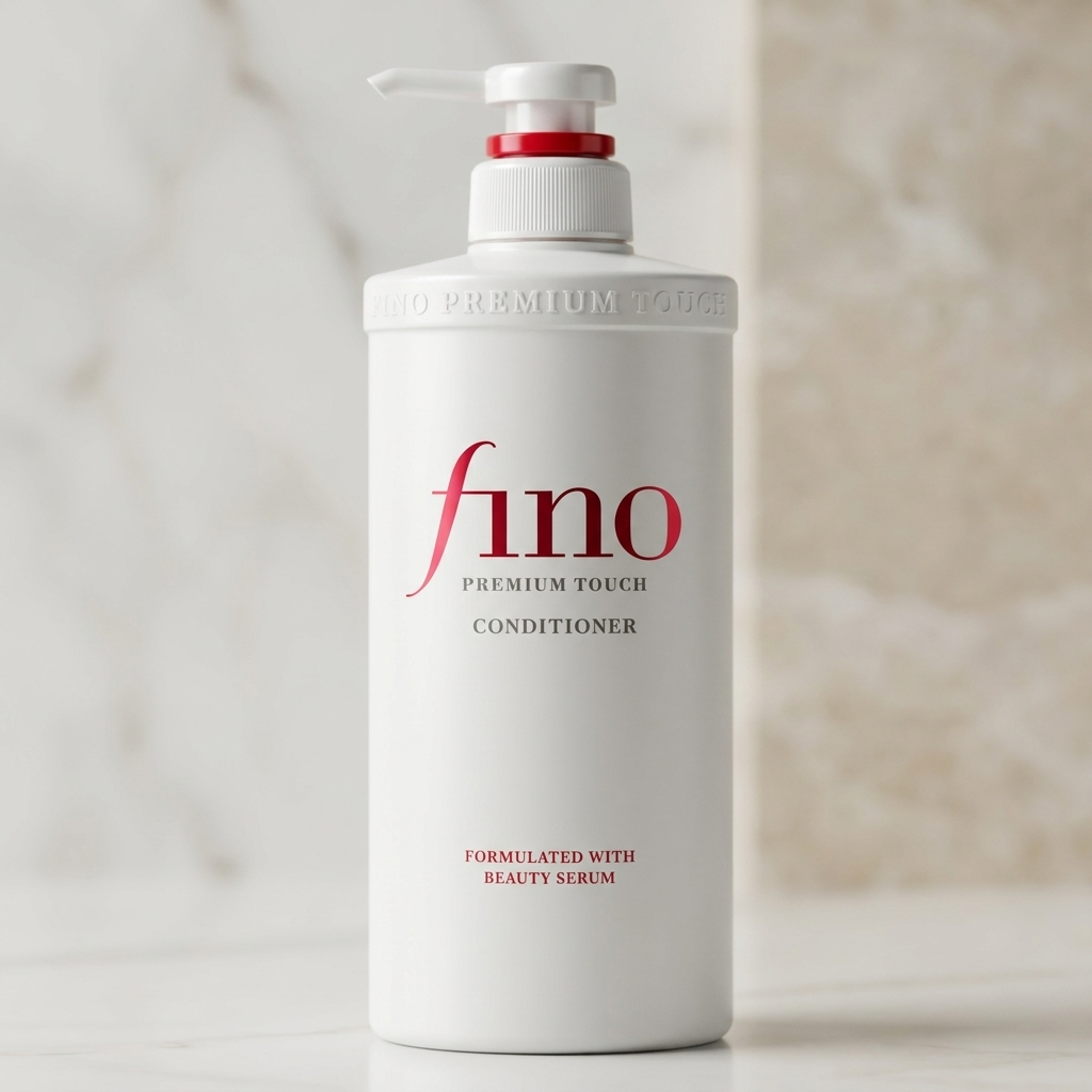 Frasco branco do condicionador Fino Premium Touch com válvula pump, fundo em tons de mármore bege.