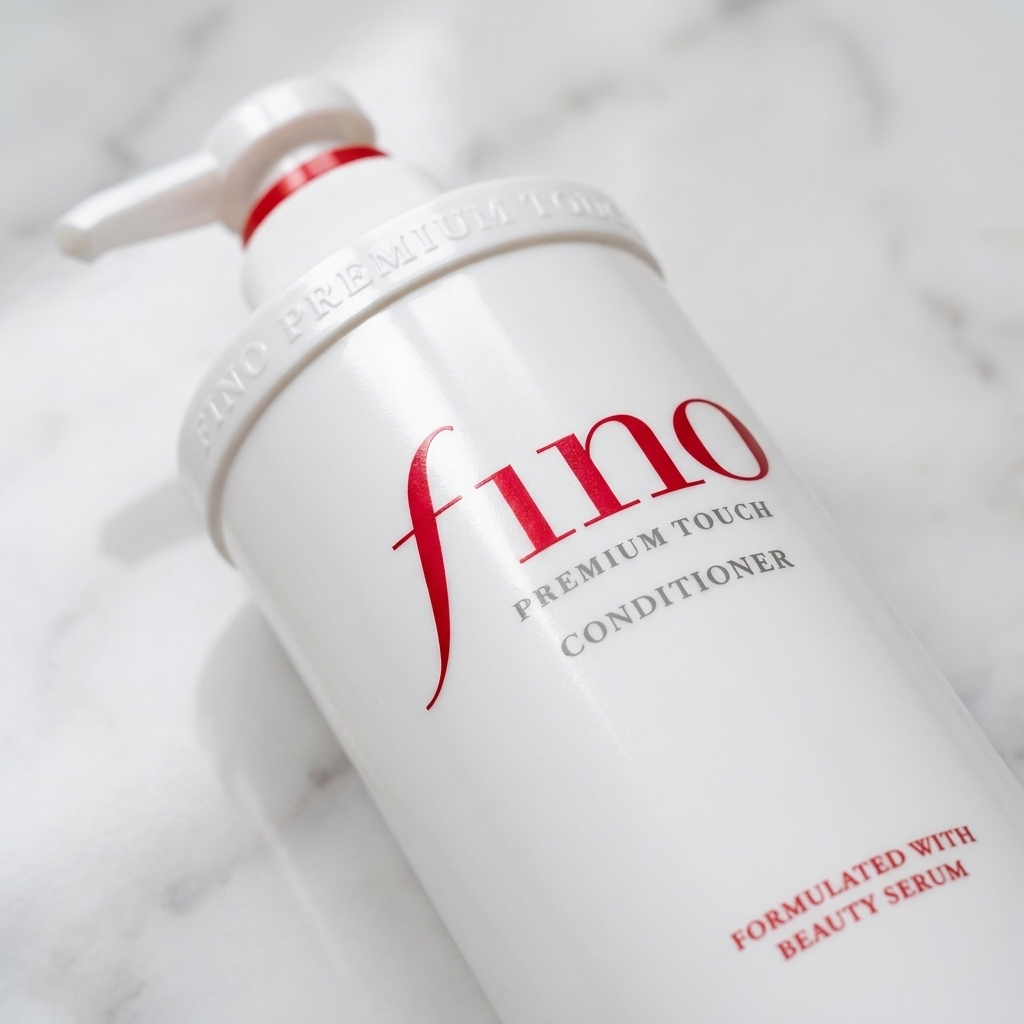 Frasco do condicionador Fino Premium Touch deitado, em close mostrando a válvula pump e o rótulo em detalhe.