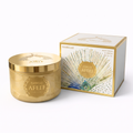 Creme corporal Isabelle Afeef 200ml em pote dourado ao lado da caixa branca e dourada com detalhe de pena