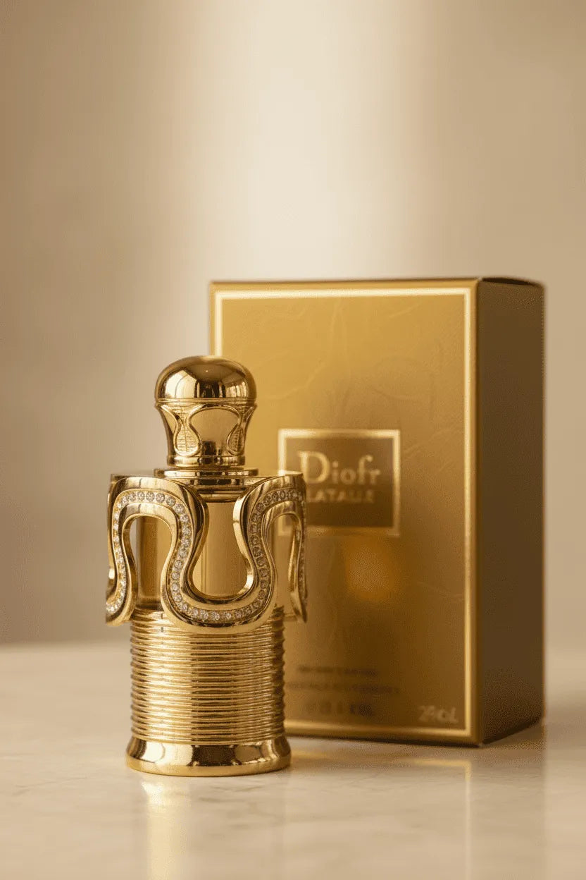 Perfume Diofr Latalie em frasco dourado ornamentado com detalhes de strass, ao lado da caixa dourada original