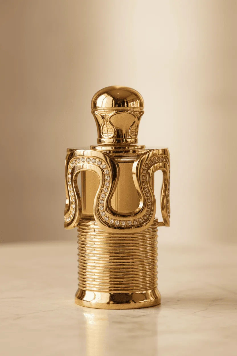 Perfume Diofr Latalie em frasco dourado ornamentado com detalhes de strass, close-up isolado sobre mármore claro