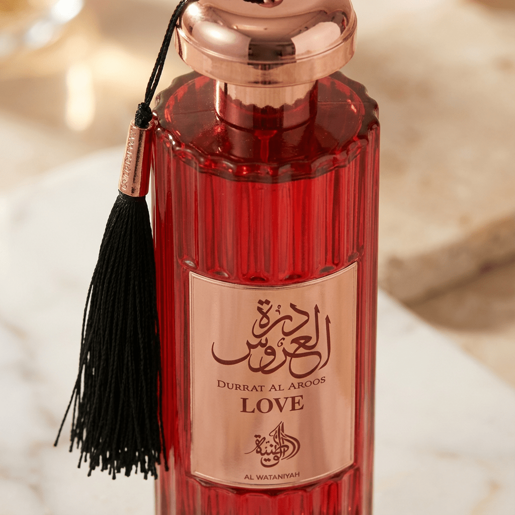 Detalhe do rótulo do perfume Durrat Al Aroos Love, em frasco vermelho com tampa dourada e borla preta.