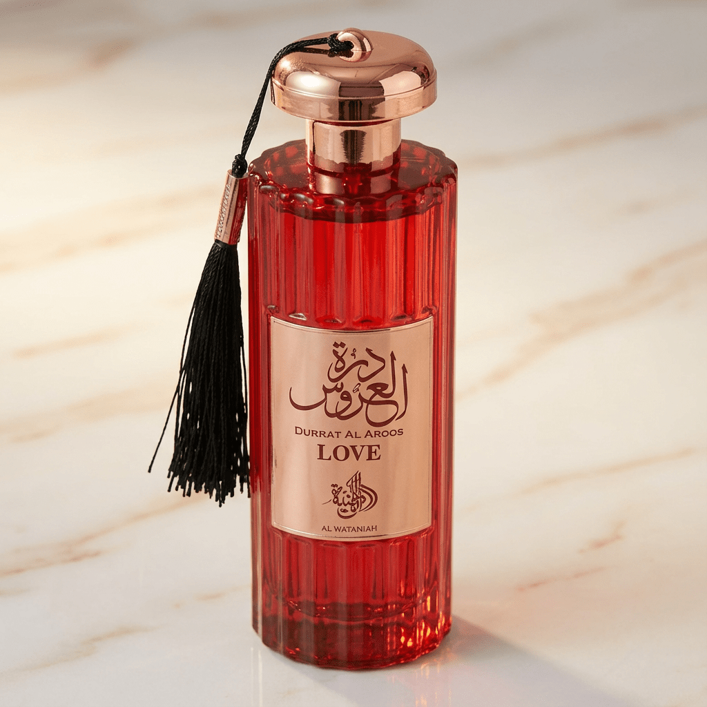 Perfume Durrat Al Aroos Love em frasco vermelho com tampa dourada e borla preta, sobre mármore.