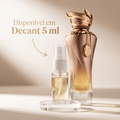 Decante de 5ml do perfume Elyssia Aura ao lado do frasco original dourado rosé, com selo "Disponível em Decant 5ml".