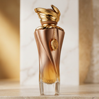 Perfume Elyssia Aura em frasco dourado rosé, close-up com colunas de mármore desfocadas ao fundo.