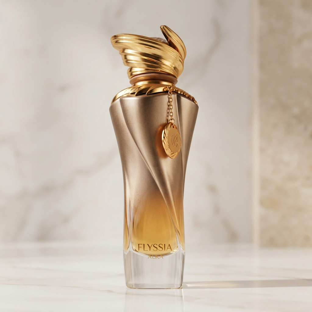 Perfume Elyssia Aura em frasco dourado com tampa entrelaçada e pingente, sobre superfície de mármore claro.