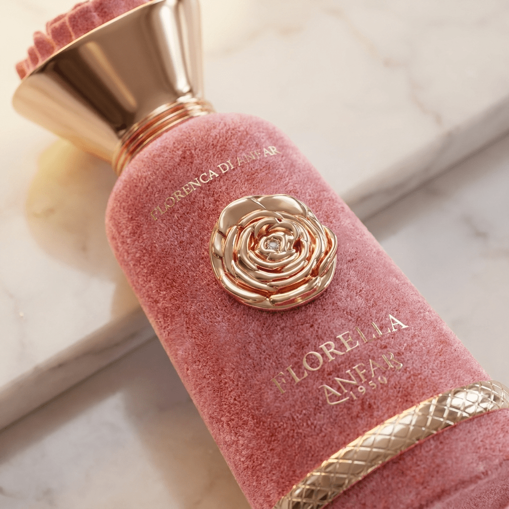 Detalhe do frasco de veludo rosa do perfume Florella, com tampa dourada em formato de rosa, sobre mármore.