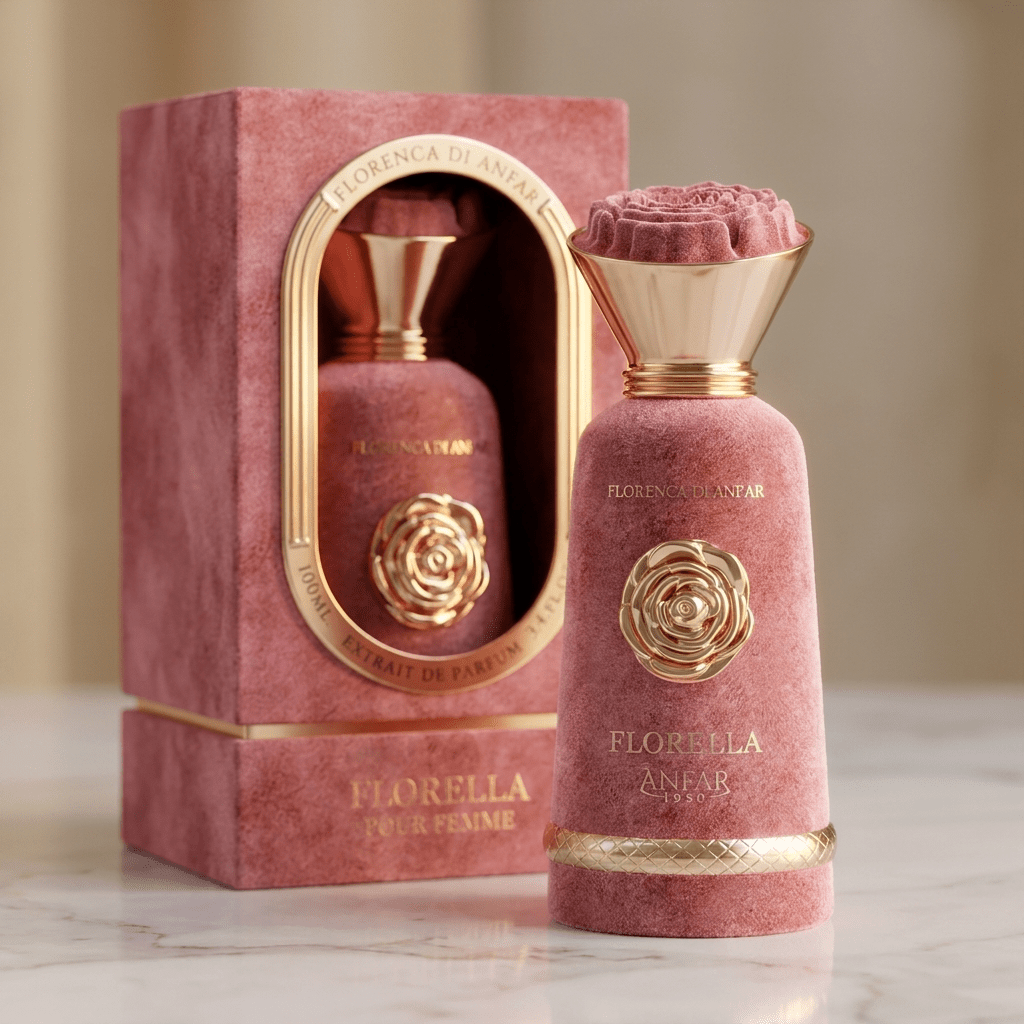 Perfume Florella da Florenca Di Anfar em frasco de veludo rosa, ao lado da caixa a jogo, sobre mármore.