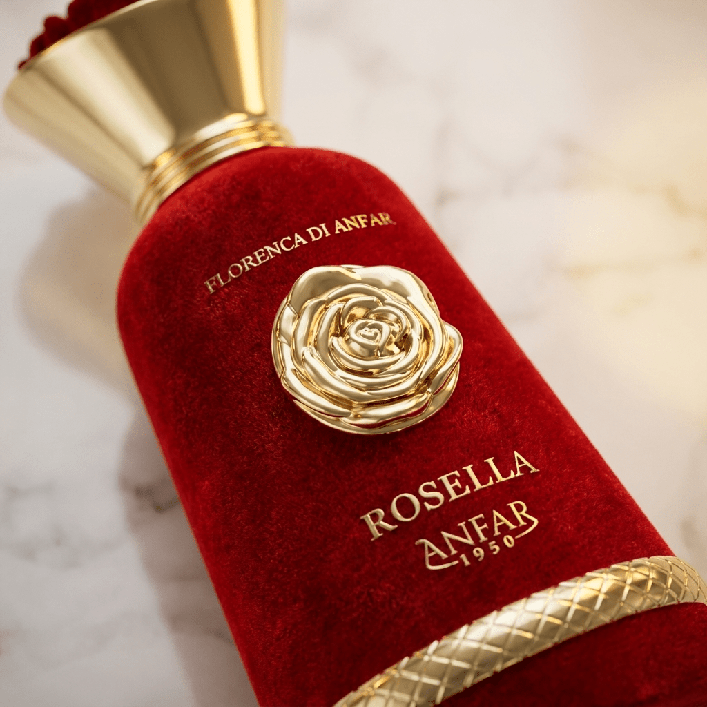 Detalhe do frasco de veludo vermelho do perfume Rosella, com tampa dourada em formato de rosa.