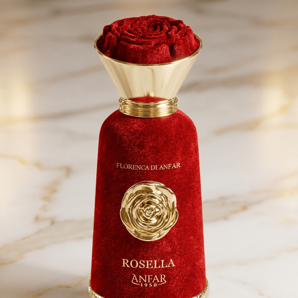 Perfume Rosella da Florenca Di Anfar em frasco de veludo vermelho, tampa dourada em formato de rosa.